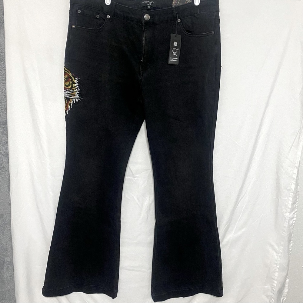 ED HARDY WOMENS TIGER HEAD SLIM FLARE JEANS Size 34 Y2K EMBROIDERED BLACK NWT